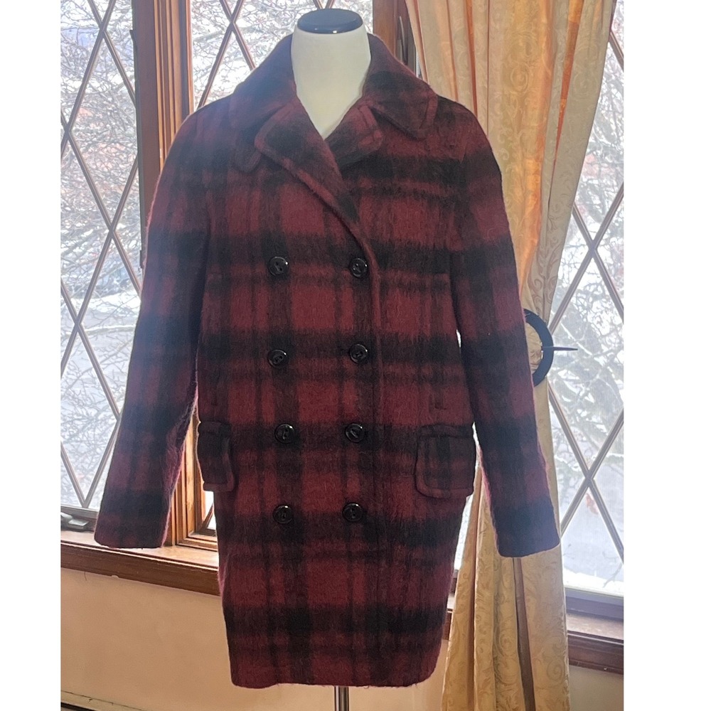 Coach Womens Plaid Wool‎ Alpaca Blend Double Breasted Pea Coat Burgundy Black M